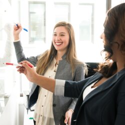 2 Geschäftsfrauen arbeiten gemeinsam an einem Whiteboard